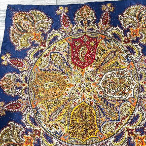 Vintage Silk Scarf Large Square paisley print blue gold red orange dramatic chic - Picture 4 of 7